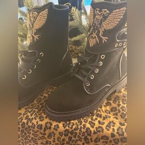 BALMAIN NWT Kris Jenner black gold eagle leather suede boots w/ box 39 $1,575